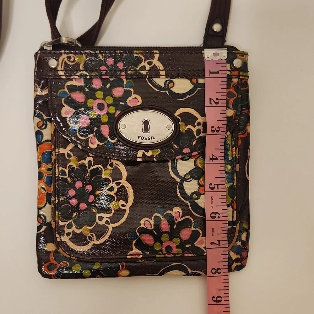 Fossil Women's Key-Per Boho Hippie Dark Brown Floral Canvas Strap Crossbody Bag